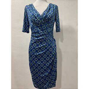 Lauren Ralph Lauren Faux Wrap Dress Size 6 Pleated Ruch Waist‎ 1/2 Sleeves Blue